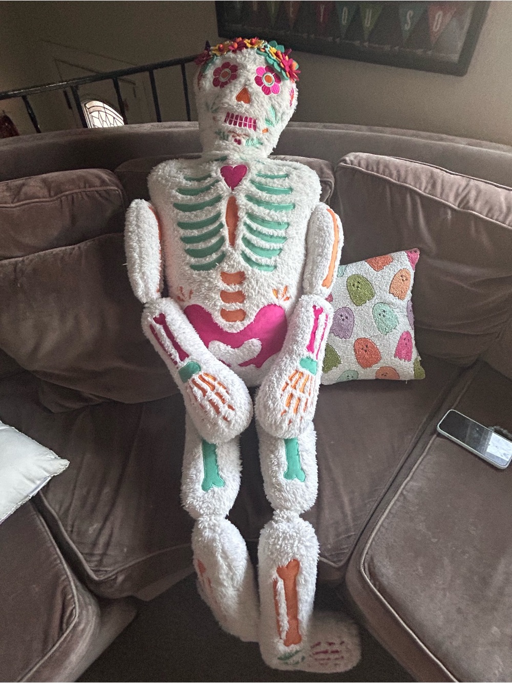 Holiday Day of the Dead Skeleton Plush Pillow - White with Pink & Teal
